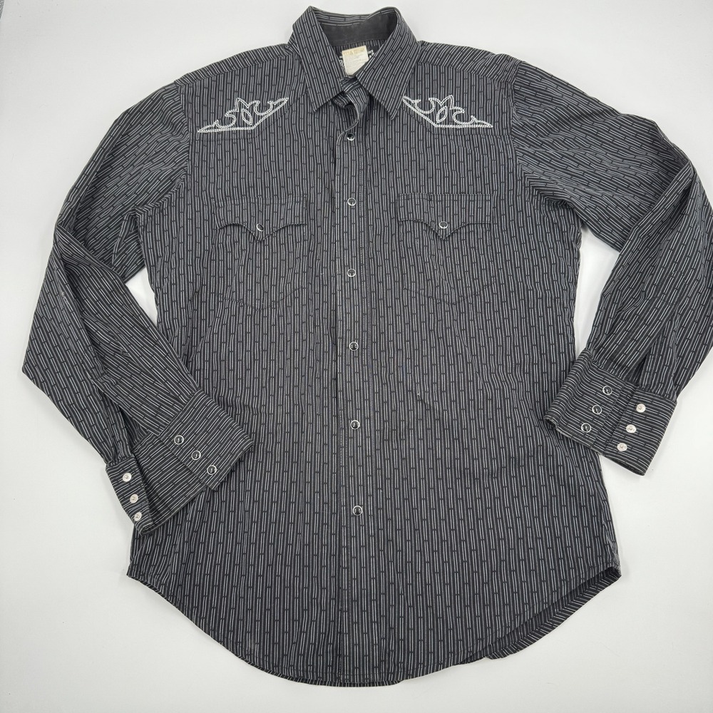 Wrangler Western Shirt Mens Medium Black White Snap Down Embroidered 75007BK